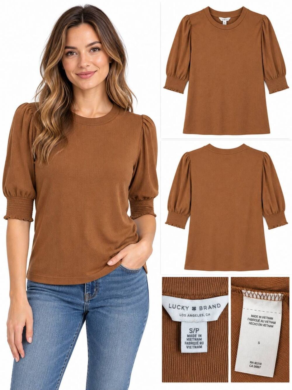 Lucky Brand Rust Brown Puff Sleeve Top S